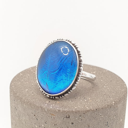 Antique Sterling Silver Butterfly Wing Ring Large Oval TLM Art Deco Genuine Morpho Vintage Blue Womens Jewellery Jewelry