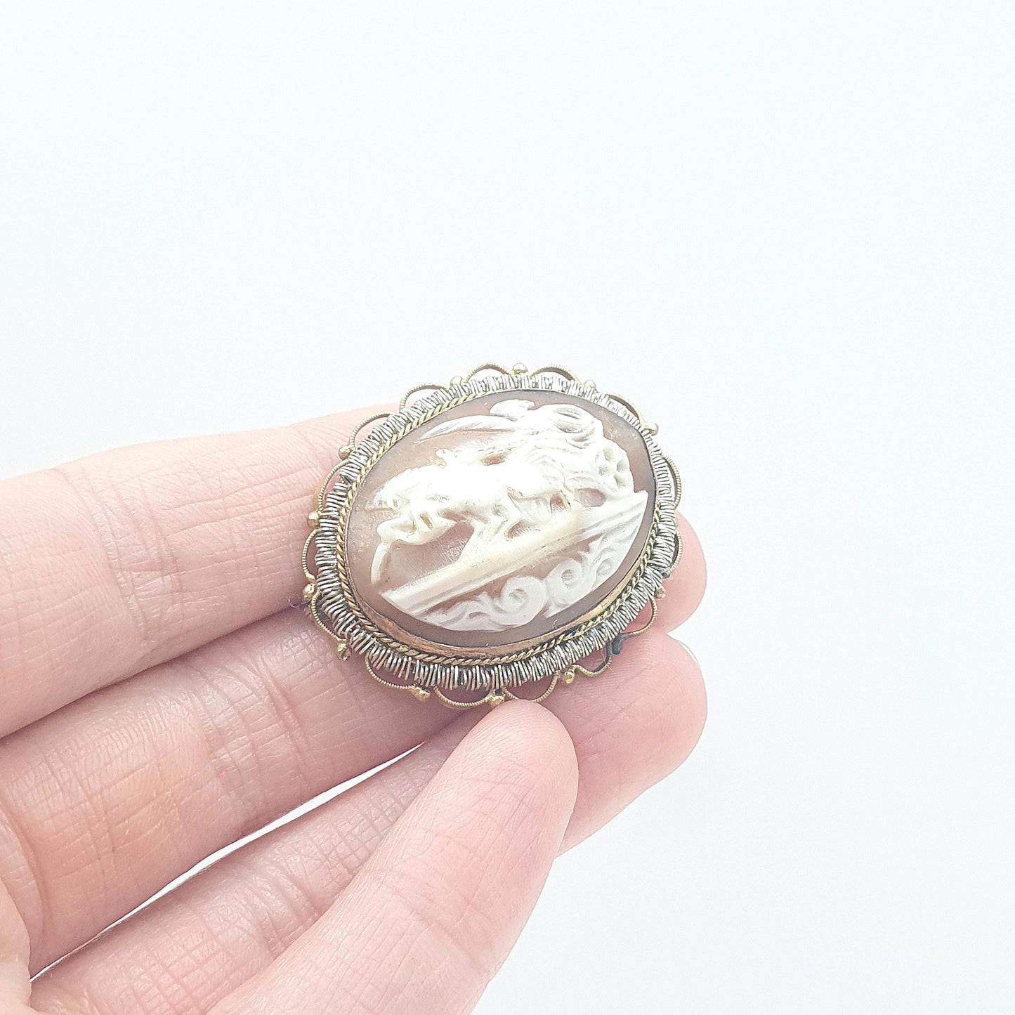 Antique Horse & Chariot Cameo Brooch Gold Gilt Filigree Art Deco Hand Carved Shell Roman Centurion Womens Jewelry Jewellery Vintage