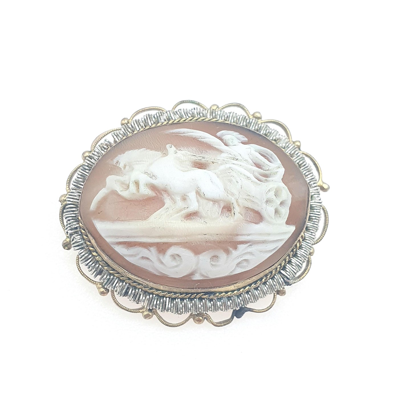 Antique Horse & Chariot Cameo Brooch Gold Gilt Filigree Art Deco Hand Carved Shell Roman Centurion Womens Jewelry Jewellery Vintage