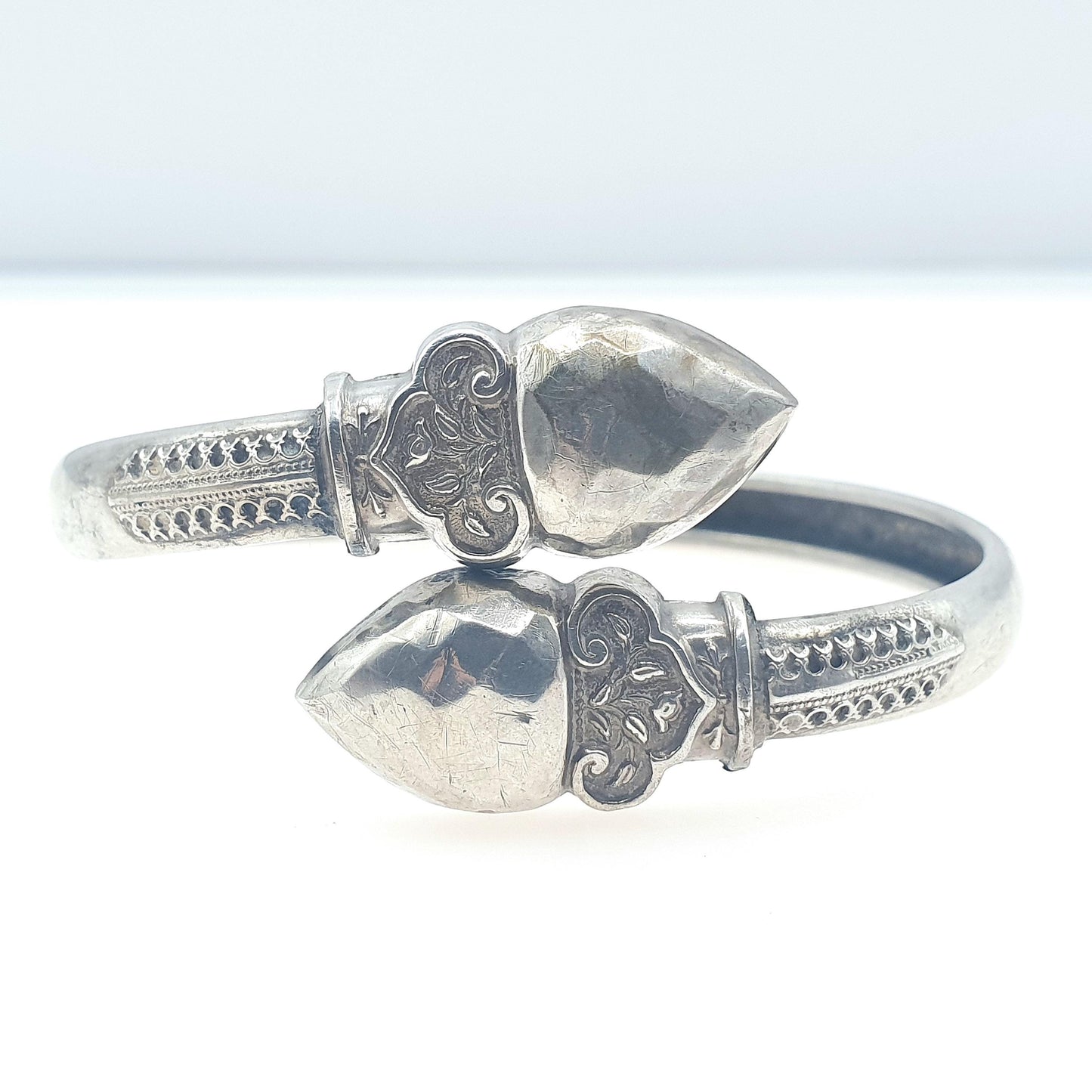 Antique Victorian Silver Plate Crossover Bangle Bracelet Bypass Snake Head Style Shape Vintage Womens Unisex Jewelry Jewellery