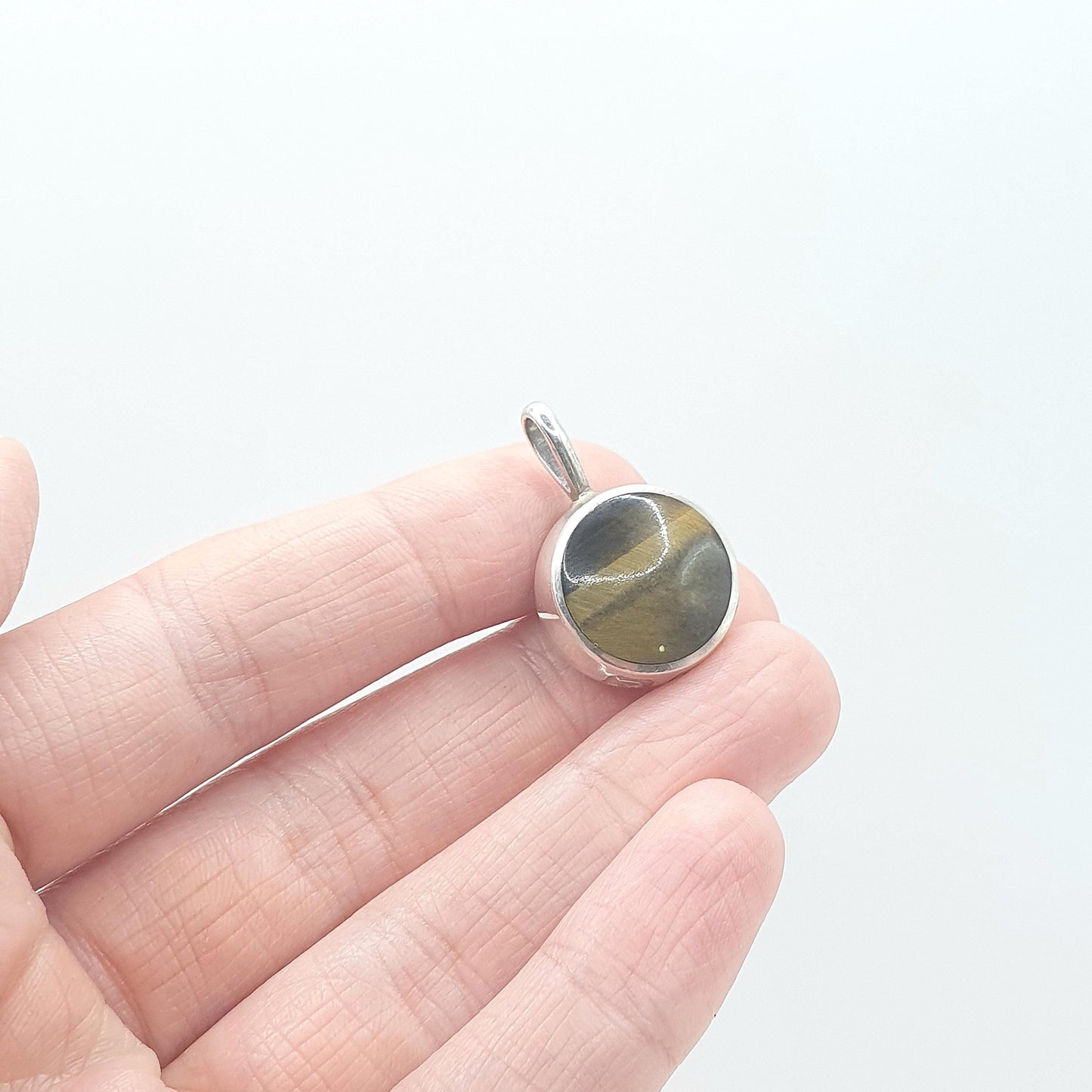 Vintage Sterling Silver Moss Agate Tiger Eye Pendant Necklace Round Fob Style Quartz Gemstones Womens Unisex Jewelry Jewellery
