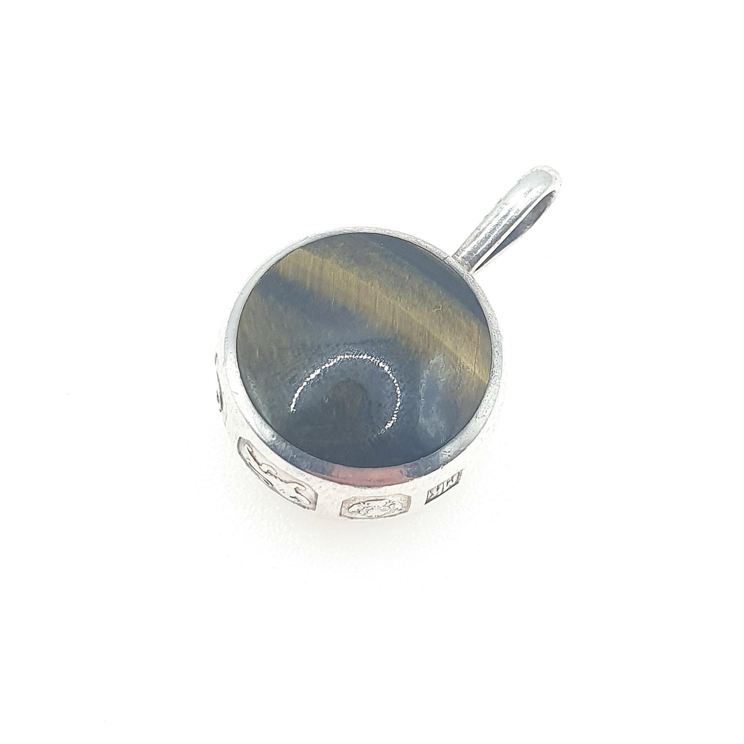 Vintage Sterling Silver Moss Agate Tiger Eye Pendant Necklace Round Fob Style Quartz Gemstones Womens Unisex Jewelry Jewellery