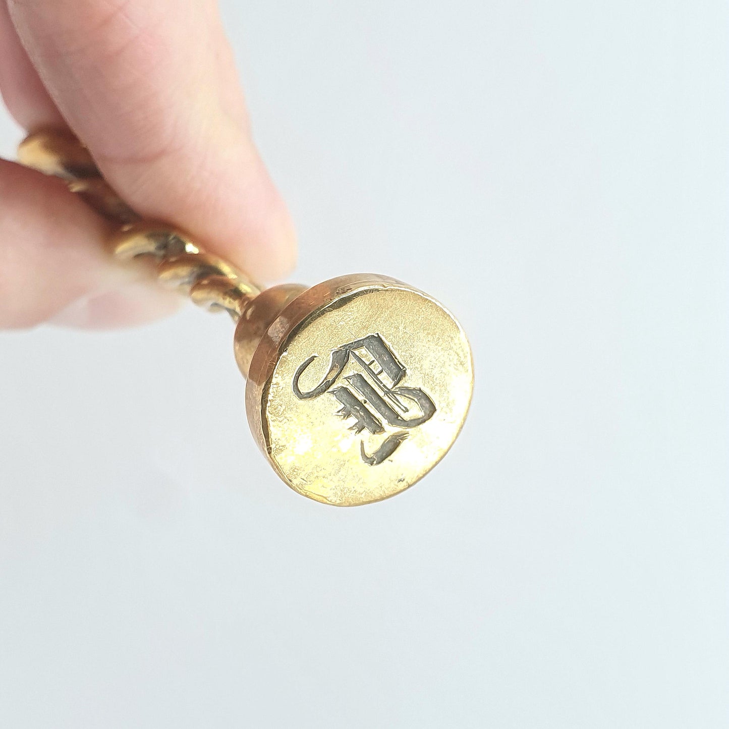 Antique Victorian Brass Letter Seal Pendant Curb Link Intaglio Initial "B" Gold Tone Base Met Stamp Vintage Unisex Womens Jewelry Jewellery