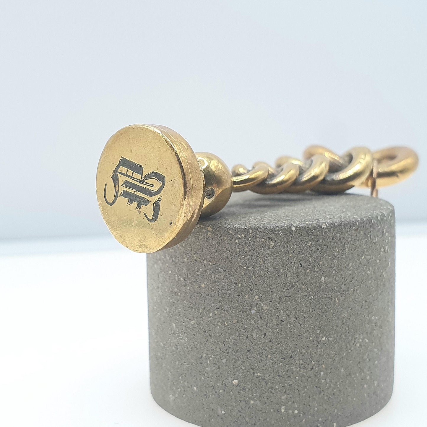 Antique Victorian Brass Letter Seal Pendant Curb Link Intaglio Initial "B" Gold Tone Base Met Stamp Vintage Unisex Womens Jewelry Jewellery