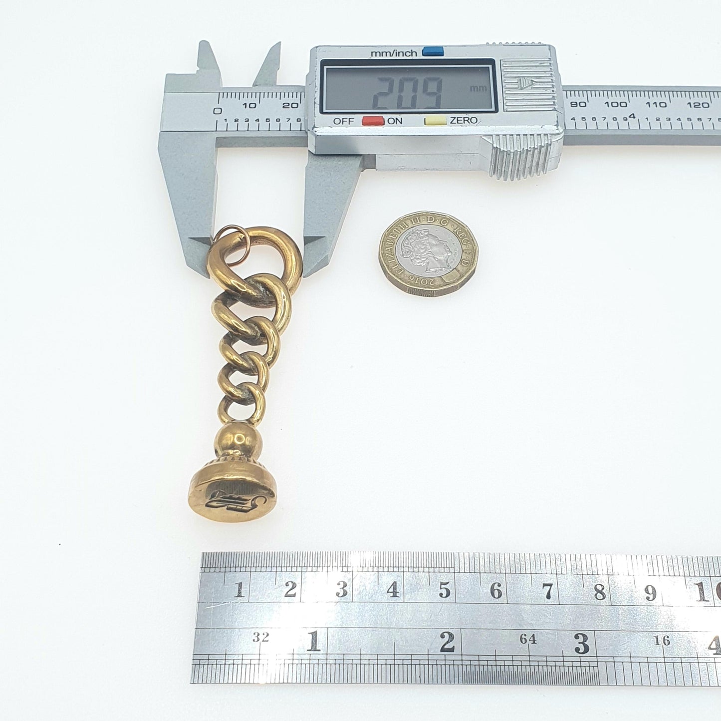 Antique Victorian Brass Letter Seal Pendant Curb Link Intaglio Initial "B" Gold Tone Base Met Stamp Vintage Unisex Womens Jewelry Jewellery
