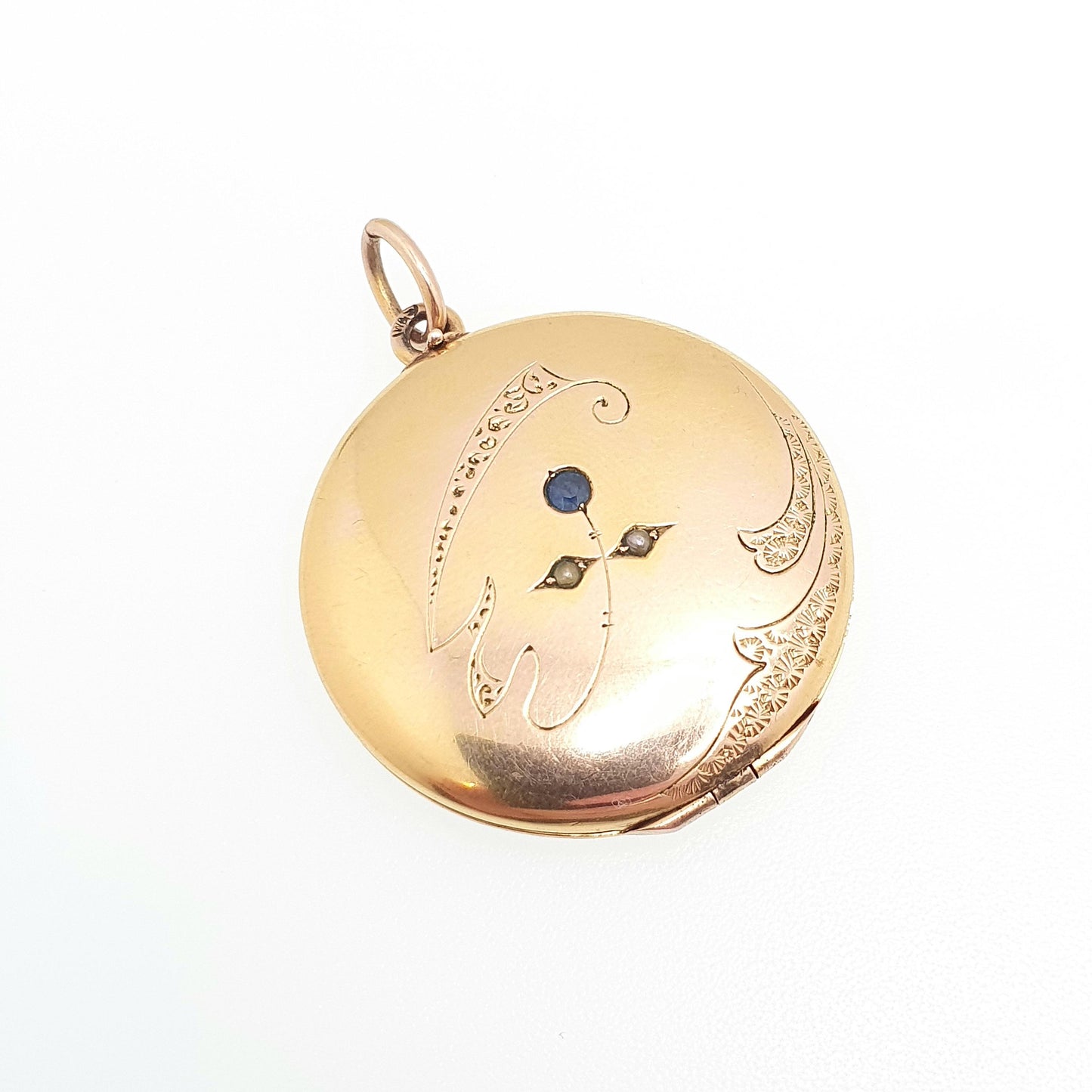 Antique Rolled Gold Locket Sapphire Paste Seed Pearl Necklace Pendant Filled Round Circle Rose & Yellow Vintage Jewellery Jewelry