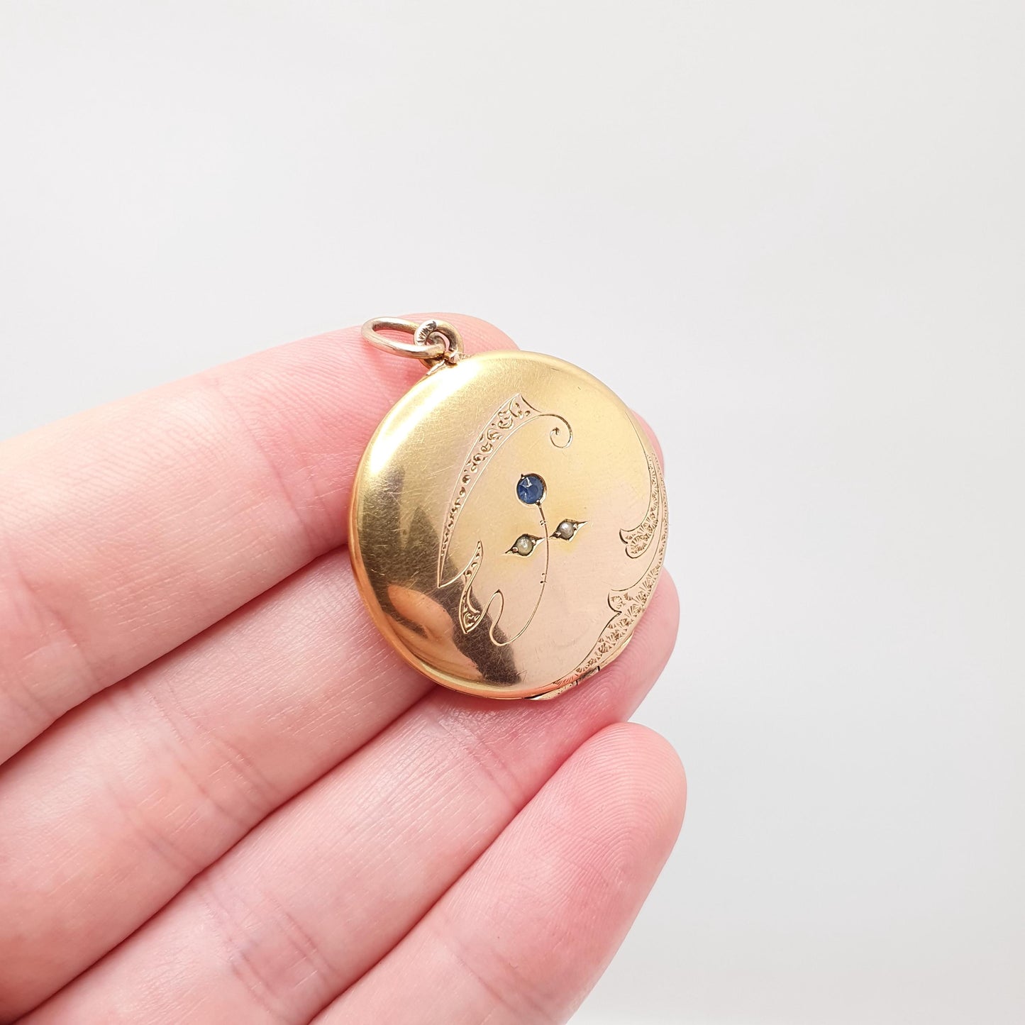 Antique Rolled Gold Locket Sapphire Paste Seed Pearl Necklace Pendant Filled Round Circle Rose & Yellow Vintage Jewellery Jewelry
