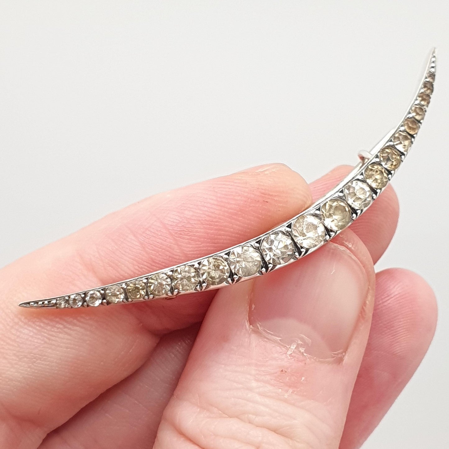 Antique Solid Silver Diamond Paste Crescent Moon Brooch Victorian Sparkly Vintage Celestial Jewelry Jewellery 1800s Genuine