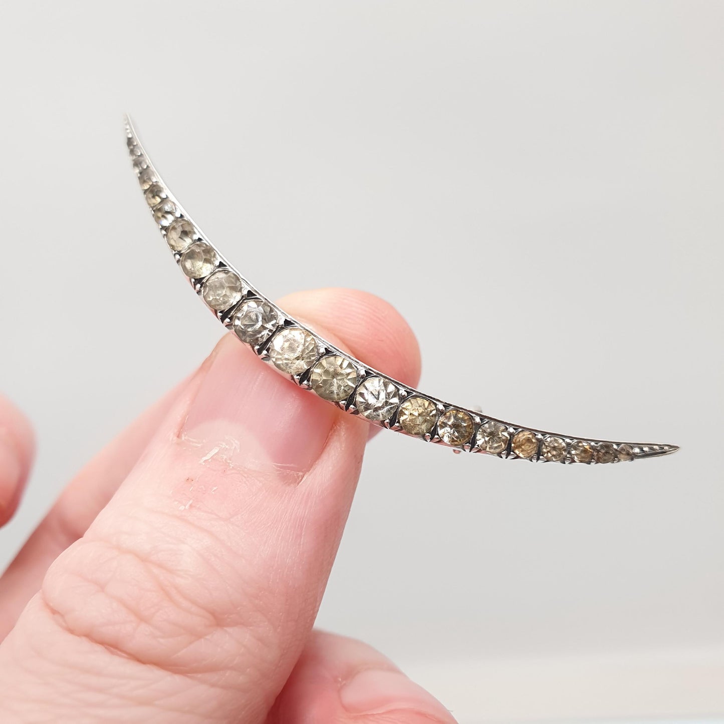 Antique Solid Silver Diamond Paste Crescent Moon Brooch Victorian Sparkly Vintage Celestial Jewelry Jewellery 1800s Genuine
