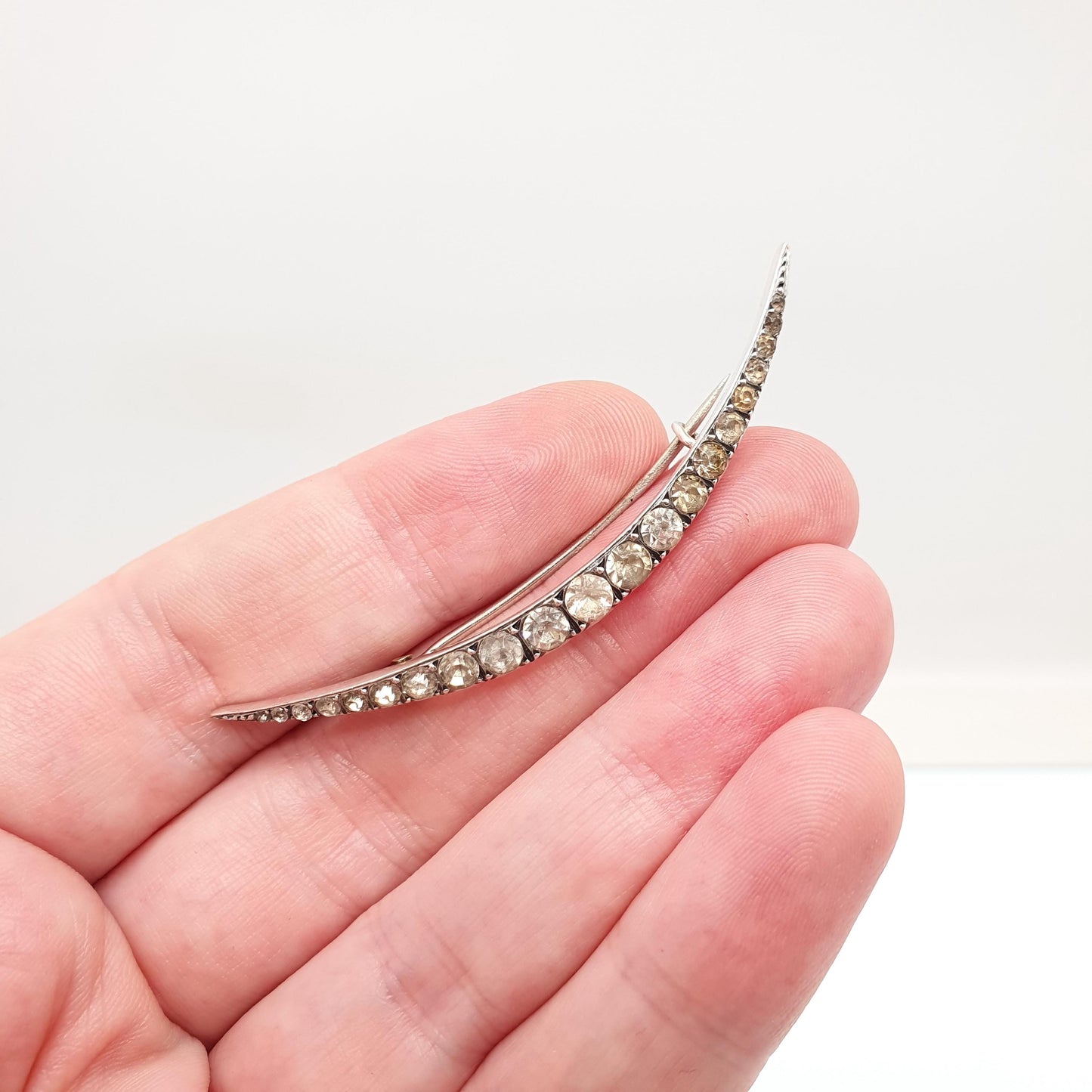 Antique Solid Silver Diamond Paste Crescent Moon Brooch Victorian Sparkly Vintage Celestial Jewelry Jewellery 1800s Genuine
