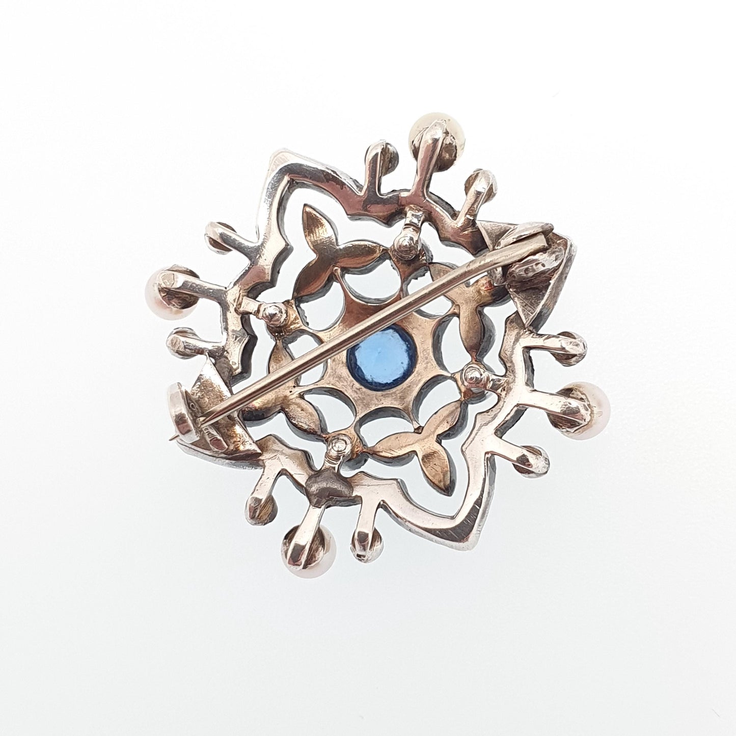 Antique Victorian Solid Silver Sapphire Paste Brooch Cultured Pearl Diamond Pastes Art Nouveau Vintage Jewelry Jewellery