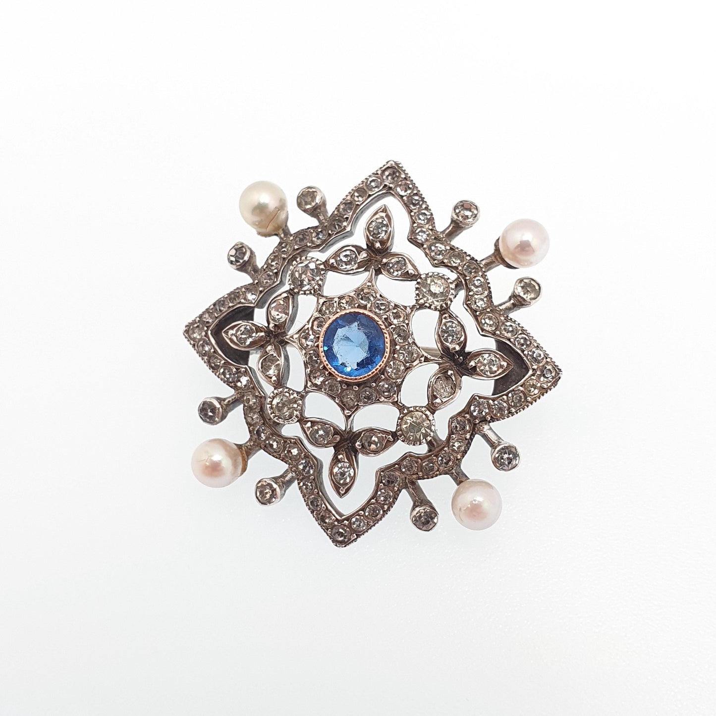 Antique Victorian Solid Silver Sapphire Paste Brooch Cultured Pearl Diamond Pastes Art Nouveau Vintage Jewelry Jewellery