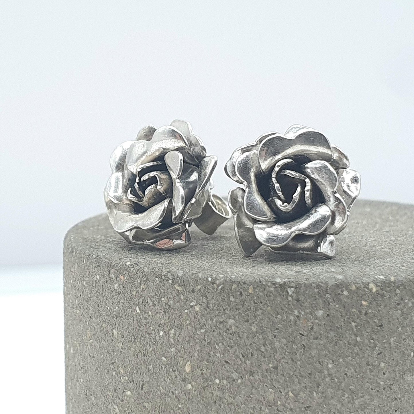 RESERVED/SOLD DON Vintage Solid Silver Rose Flower Stud Earrings Handmade Floral Bloom Rosebuds Sweet Gift