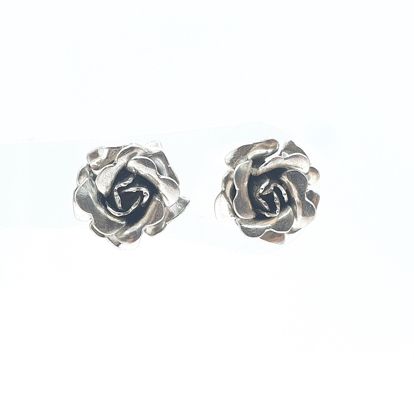 RESERVED/SOLD DON Vintage Solid Silver Rose Flower Stud Earrings Handmade Floral Bloom Rosebuds Sweet Gift
