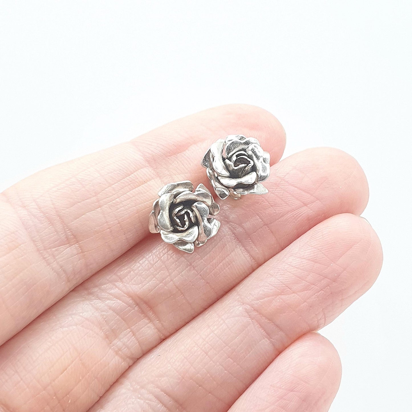 RESERVED/SOLD DON Vintage Solid Silver Rose Flower Stud Earrings Handmade Floral Bloom Rosebuds Sweet Gift