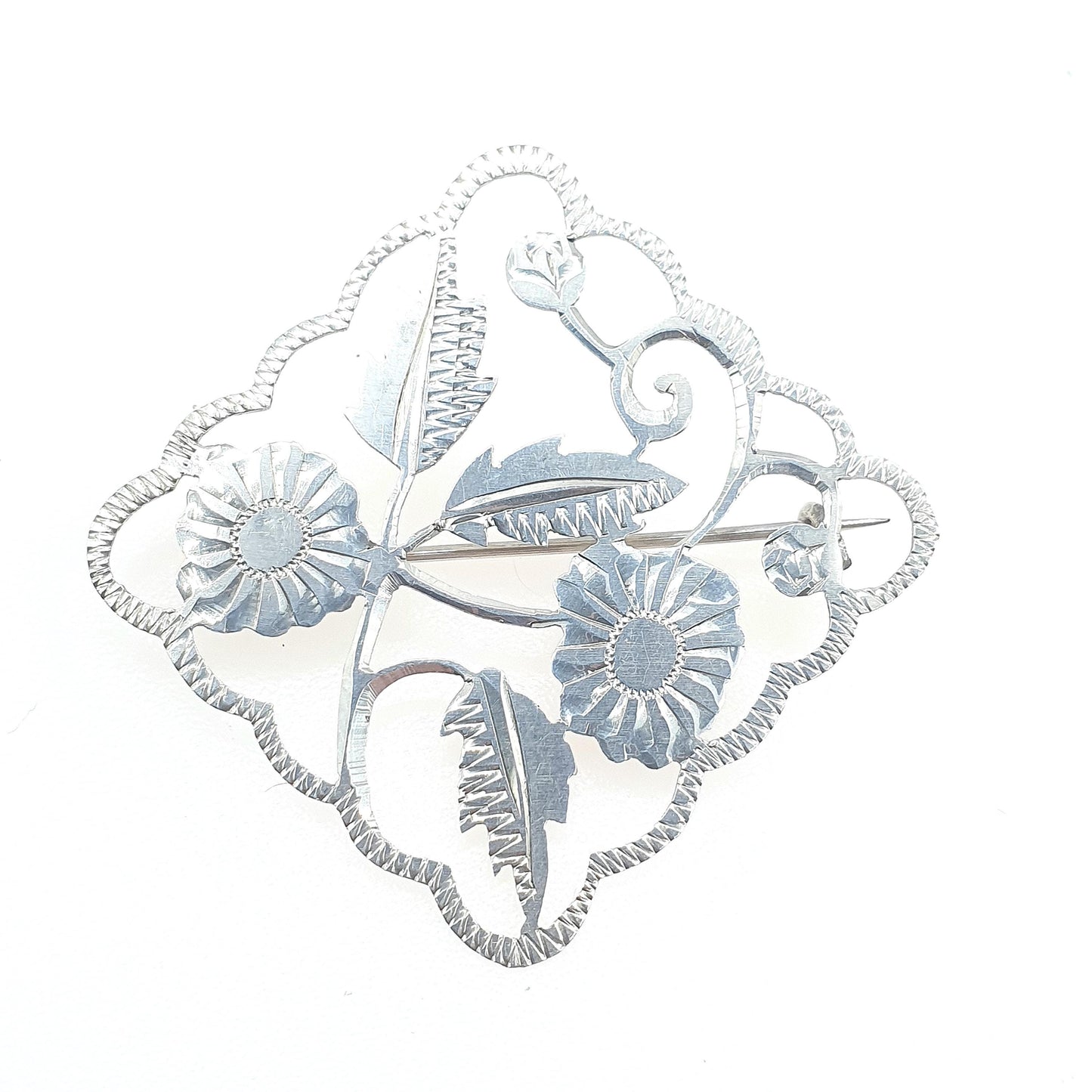Antique Victorian Solid Silver Flower Brooch Handmade Floral Daisy Square Cut Out Vintage Unisex  Womens Jewellery Jewelry