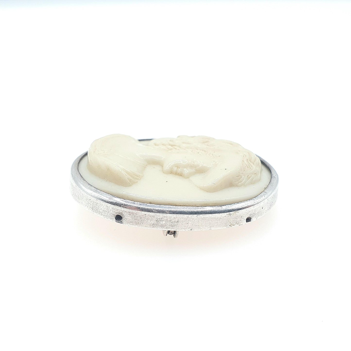 Old Vintage Sterling Silver Faux Cameo Brooch CHARLES HORNER Woman Hat Early Plastic Mould C.H Womens Unisex Jewelry Jewellery