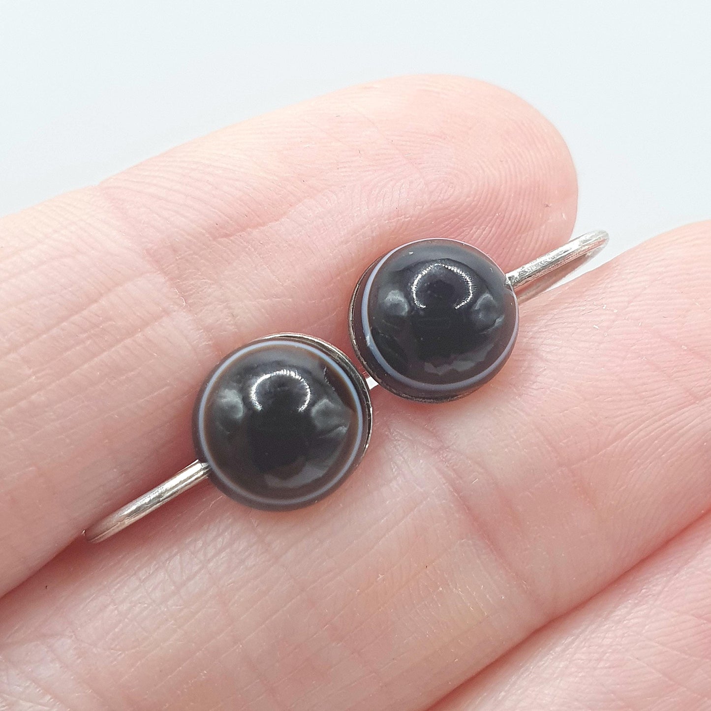 Antique Victorian Solid Silver Bulls Eye Agate Earrings Black Dark Quartz Gemstone Screw Back Small Jewelry Jewellery Unisex Womens
