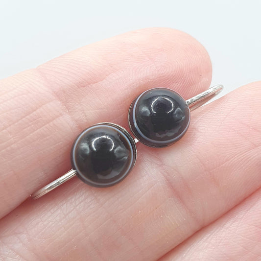 Antique Victorian Solid Silver Bulls Eye Agate Earrings Black Dark Quartz Gemstone Screw Back Small Jewelry Jewellery Unisex Womens