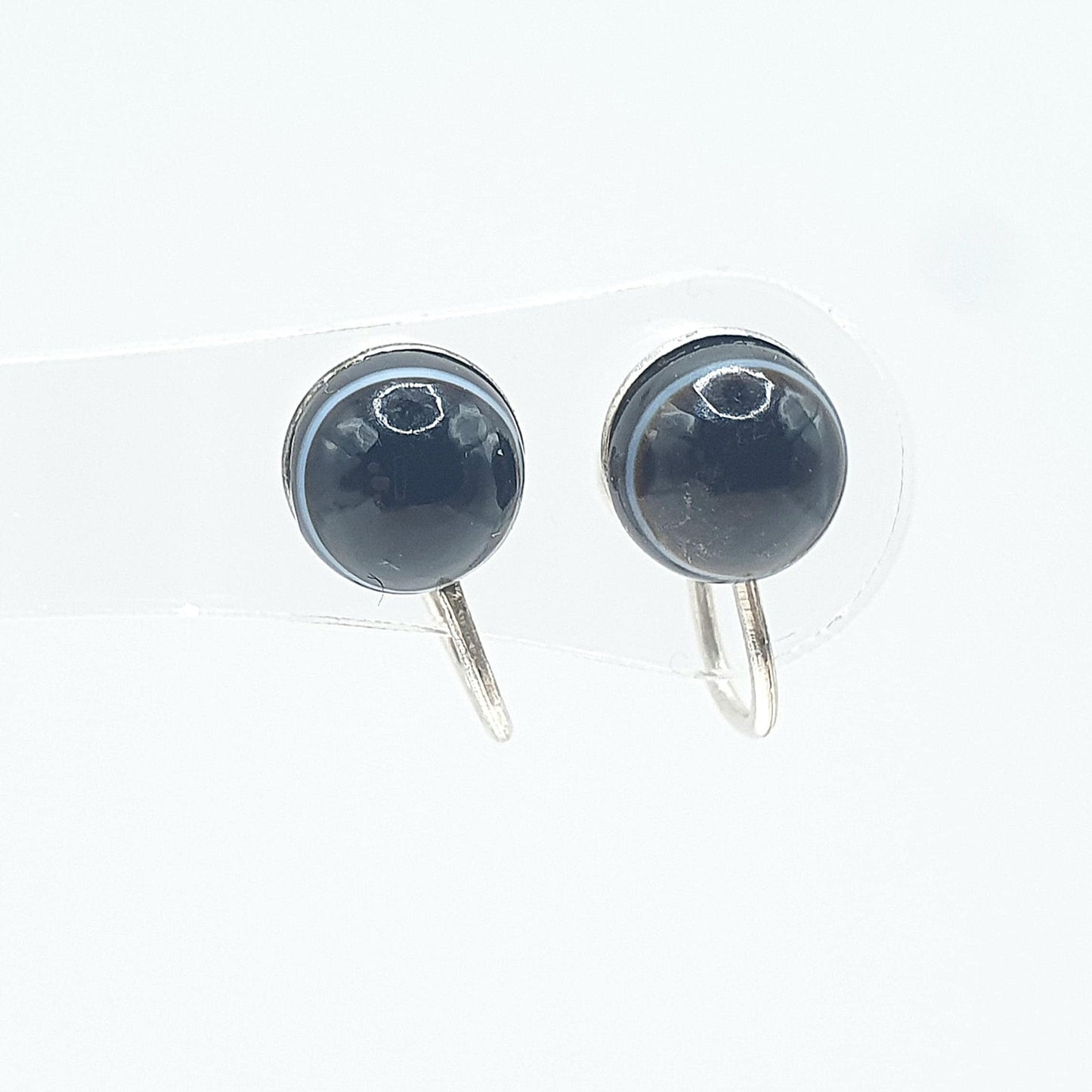 Antique Victorian Solid Silver Bulls Eye Agate Earrings Black Dark Quartz Gemstone Screw Back Small Jewelry Jewellery Unisex Womens