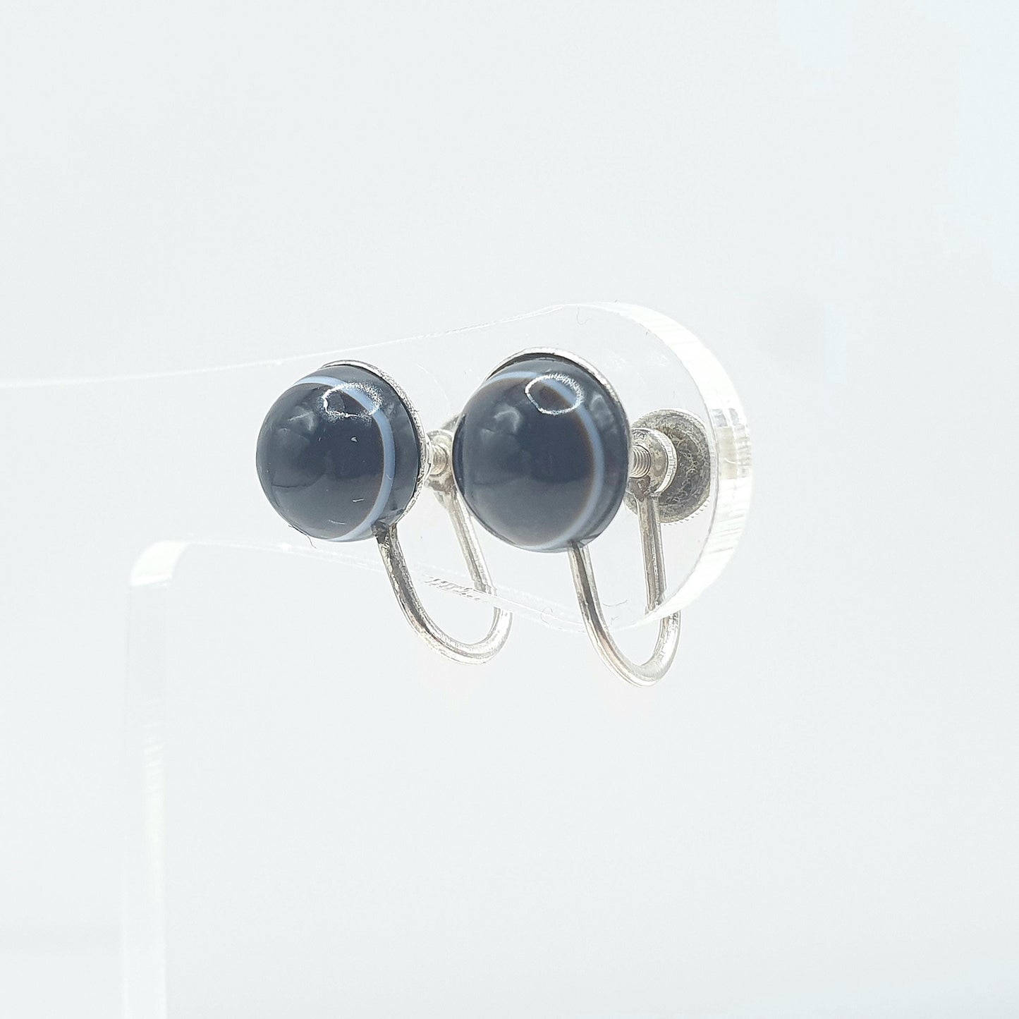 Antique Victorian Solid Silver Bulls Eye Agate Earrings Black Dark Quartz Gemstone Screw Back Small Jewelry Jewellery Unisex Womens