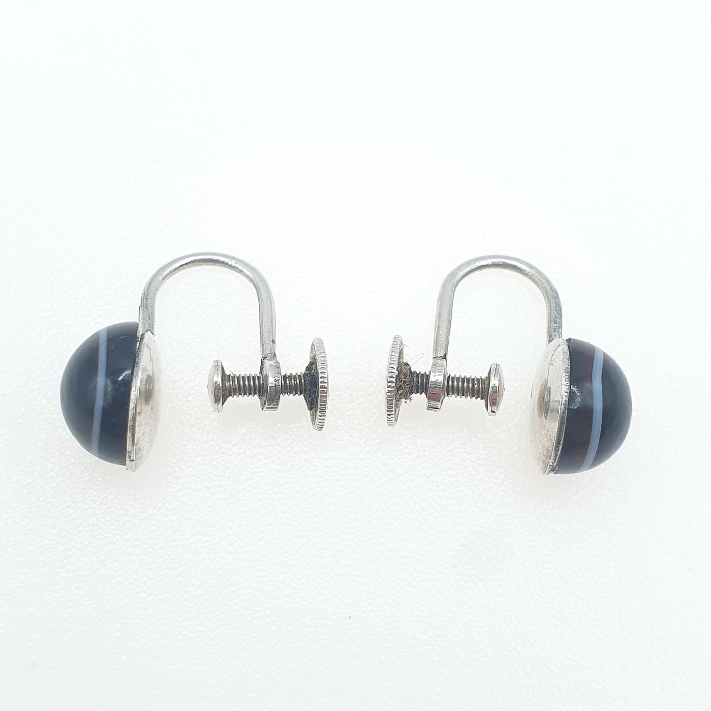 Antique Victorian Solid Silver Bulls Eye Agate Earrings Black Dark Quartz Gemstone Screw Back Small Jewelry Jewellery Unisex Womens