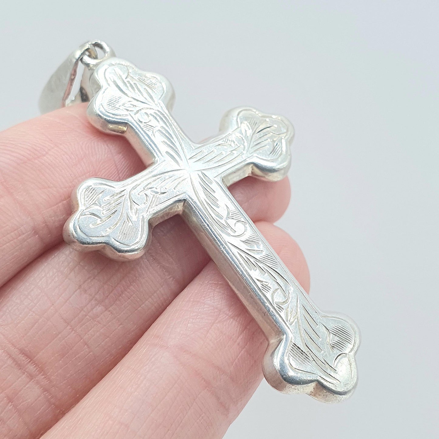 Vintage Sterling Silver Crucifix Cross Pendant Necklace Large Bulbed Engraved Cruciform Christian Womens Mens Unisex Jewelry Jewellery