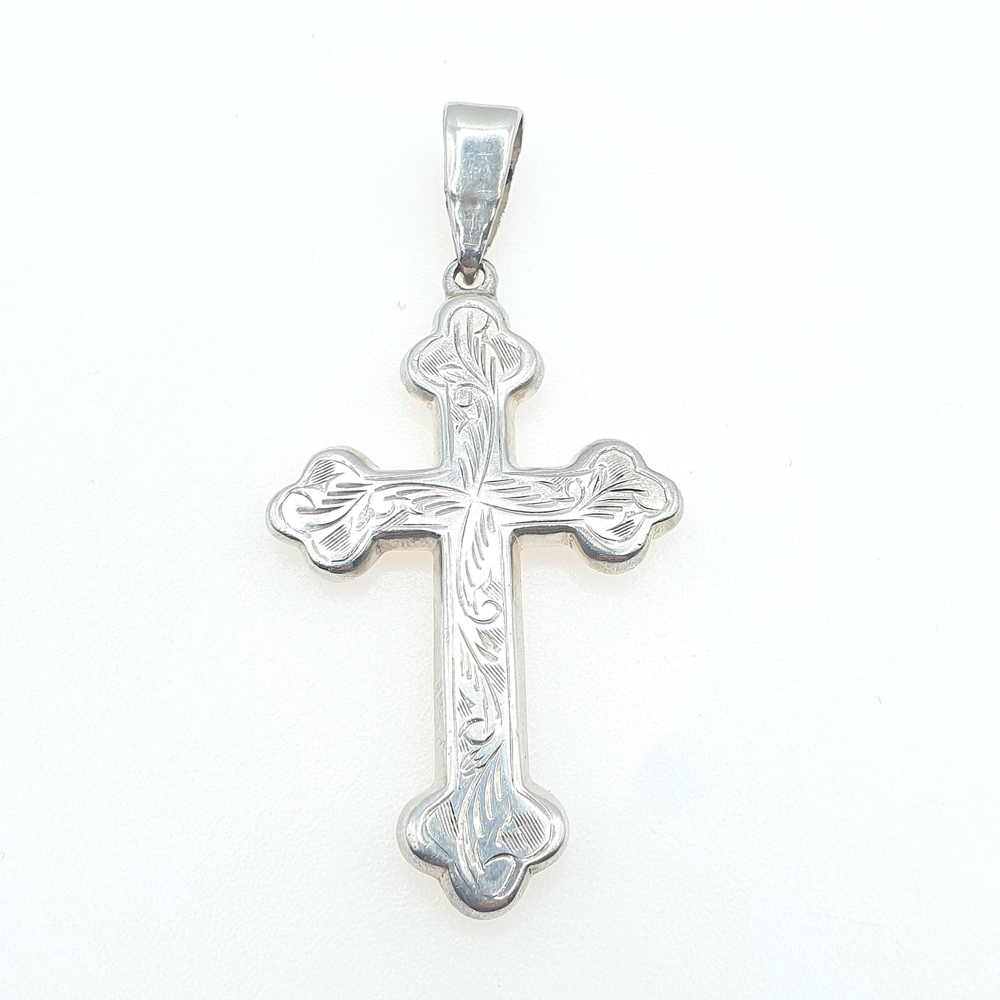 Vintage Sterling Silver Crucifix Cross Pendant Necklace Large Bulbed Engraved Cruciform Christian Womens Mens Unisex Jewelry Jewellery