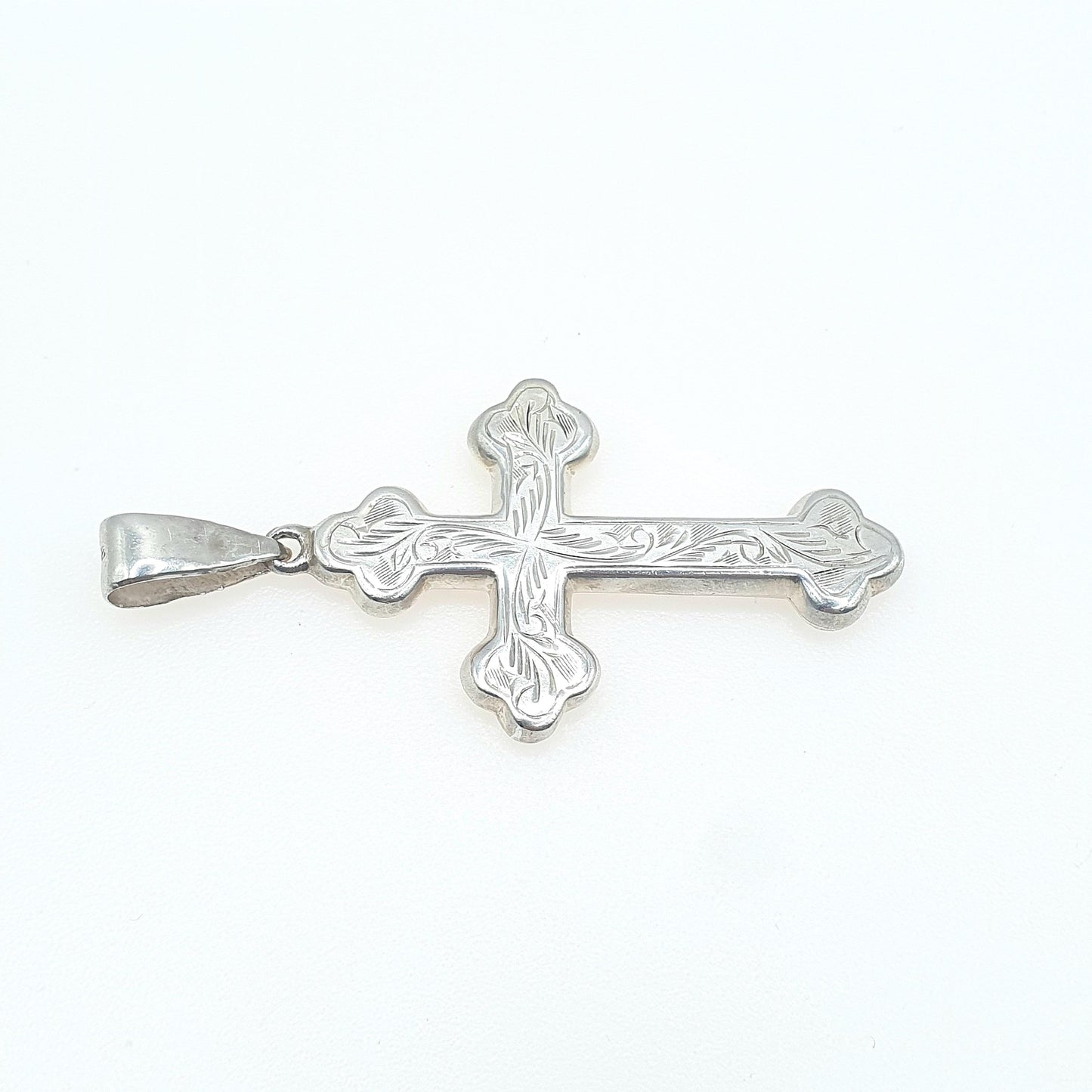 Vintage Sterling Silver Crucifix Cross Pendant Necklace Large Bulbed Engraved Cruciform Christian Womens Mens Unisex Jewelry Jewellery