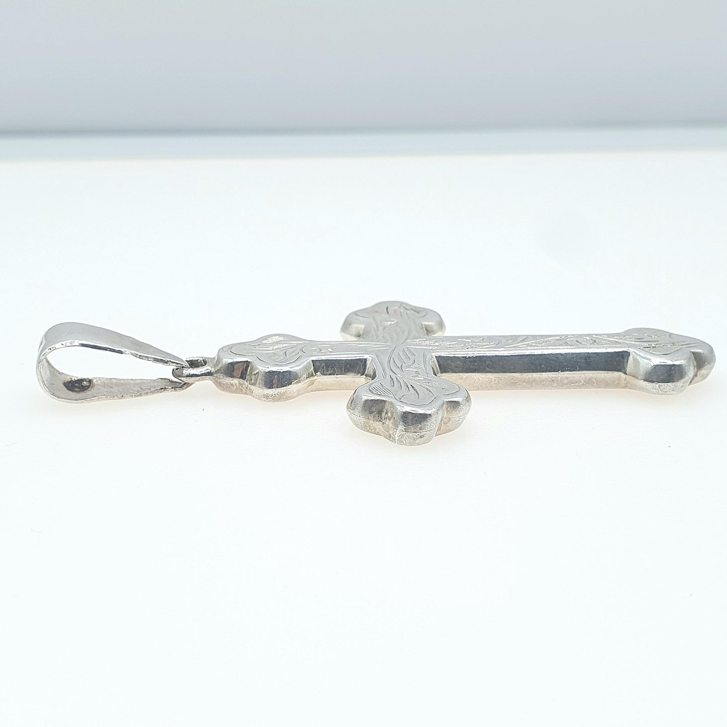 Vintage Sterling Silver Crucifix Cross Pendant Necklace Large Bulbed Engraved Cruciform Christian Womens Mens Unisex Jewelry Jewellery