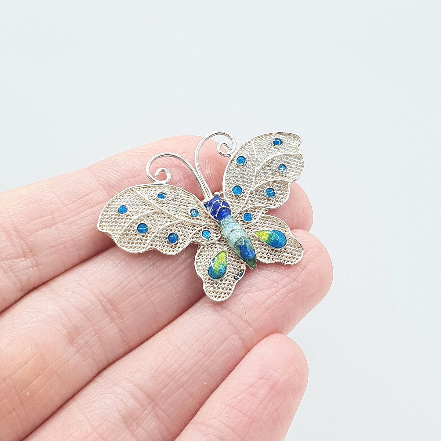 Vintage Solid Silver Enamel Butterfly Brooch Chinese Export Handmade Insect Bug Womens Unisex Jewelry Jewellery