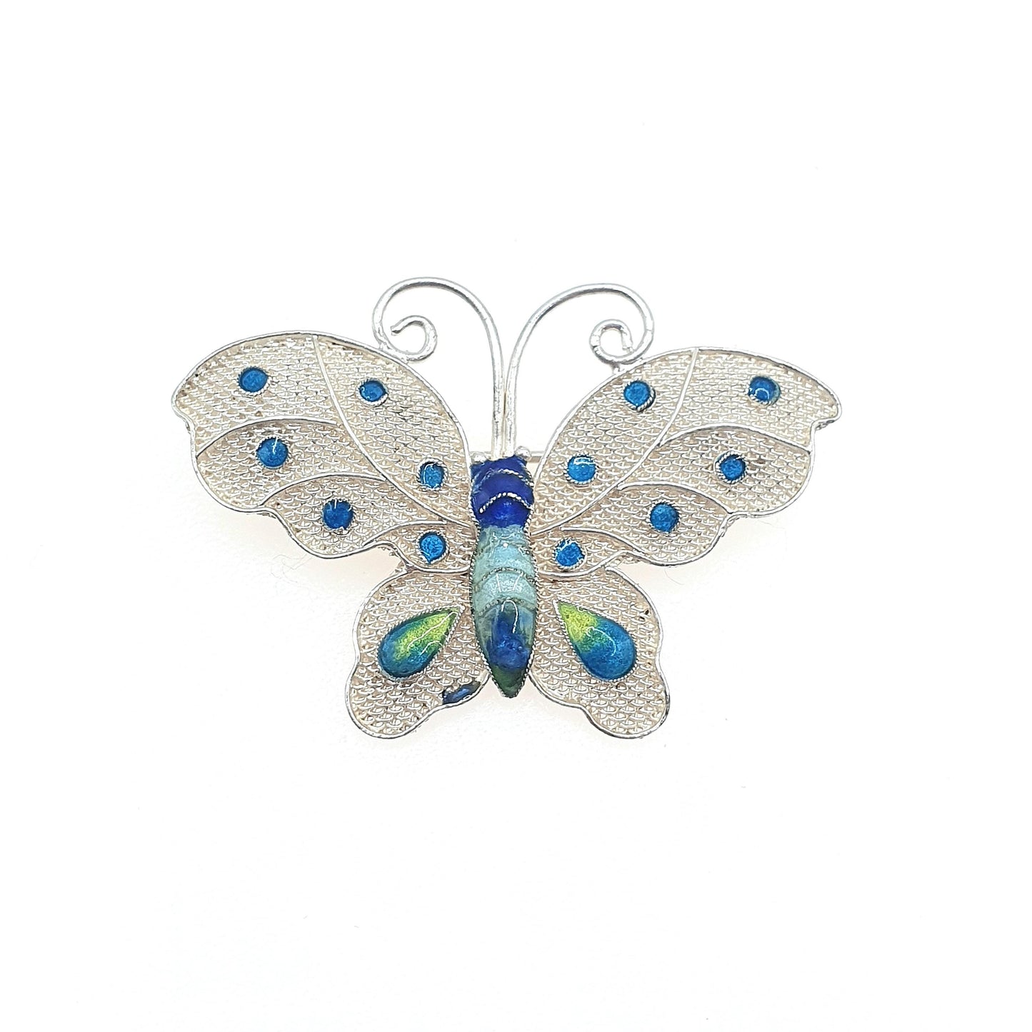 Vintage Solid Silver Enamel Butterfly Brooch Chinese Export Handmade Insect Bug Womens Unisex Jewelry Jewellery
