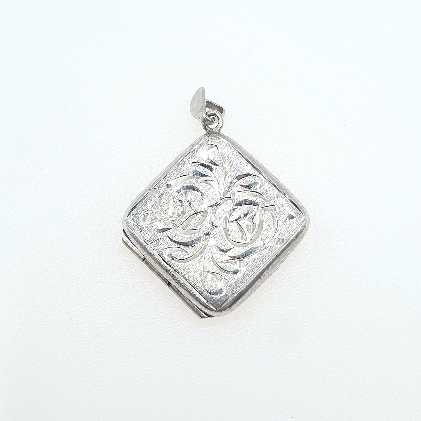 Vintage Sterling Silver Square Locket Necklace Pendant Engraved Picture Photo Keepsake Gift Womens Unisex Jewelry Jewellery
