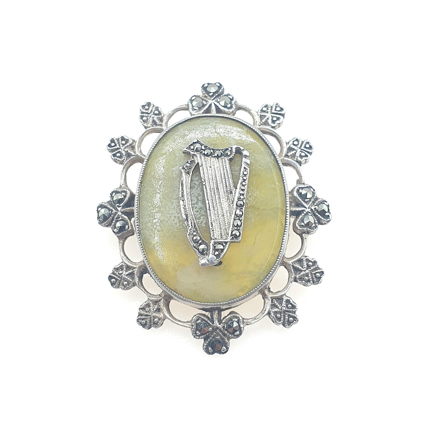 Antique Solid Silver Connemara Marble Harp & Clover Brooch Art Deco Irish Gemstone Marcasite Celtic Gaelic Womens Jewelry Jewellery