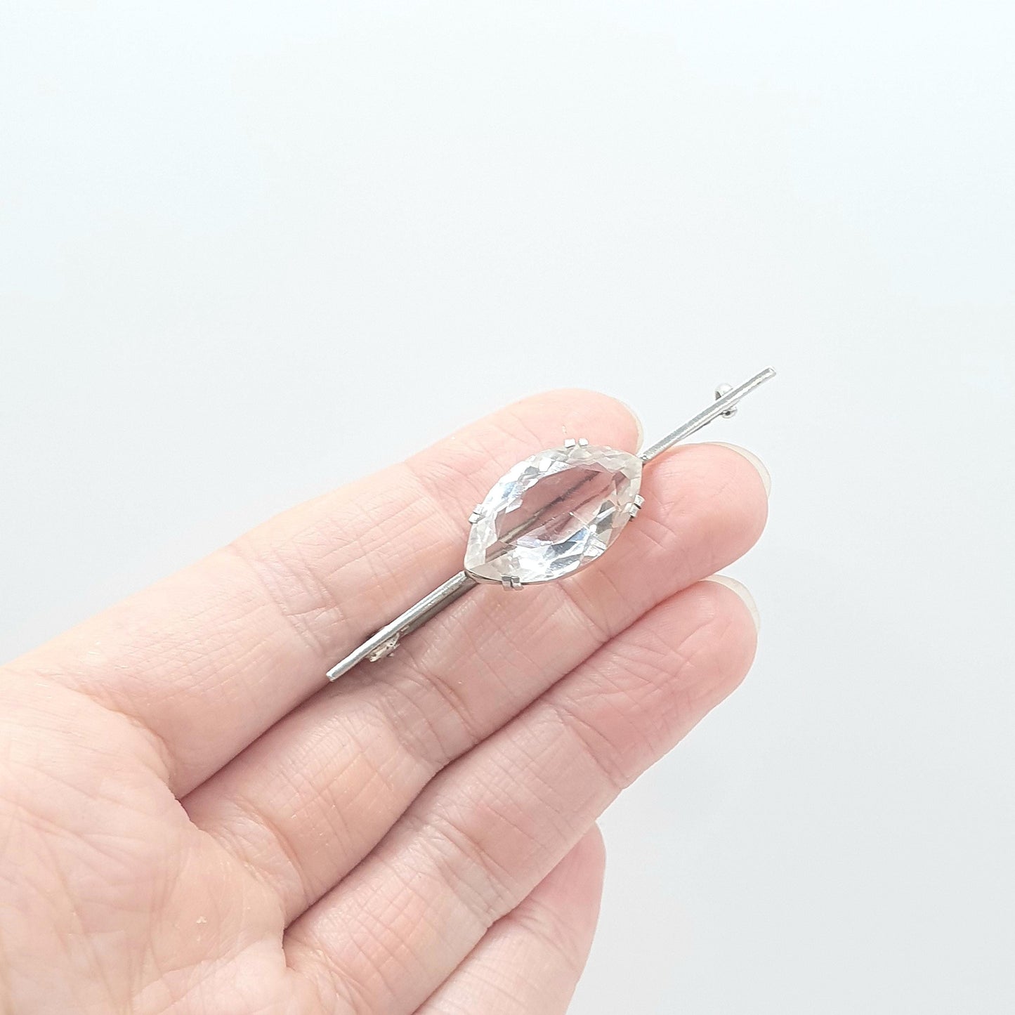 Antique Solid Silver Rock Crystal Brooch Marquise Cut White Quartz Bar Pin Clear Womens Unisex Jewelry Jewellery