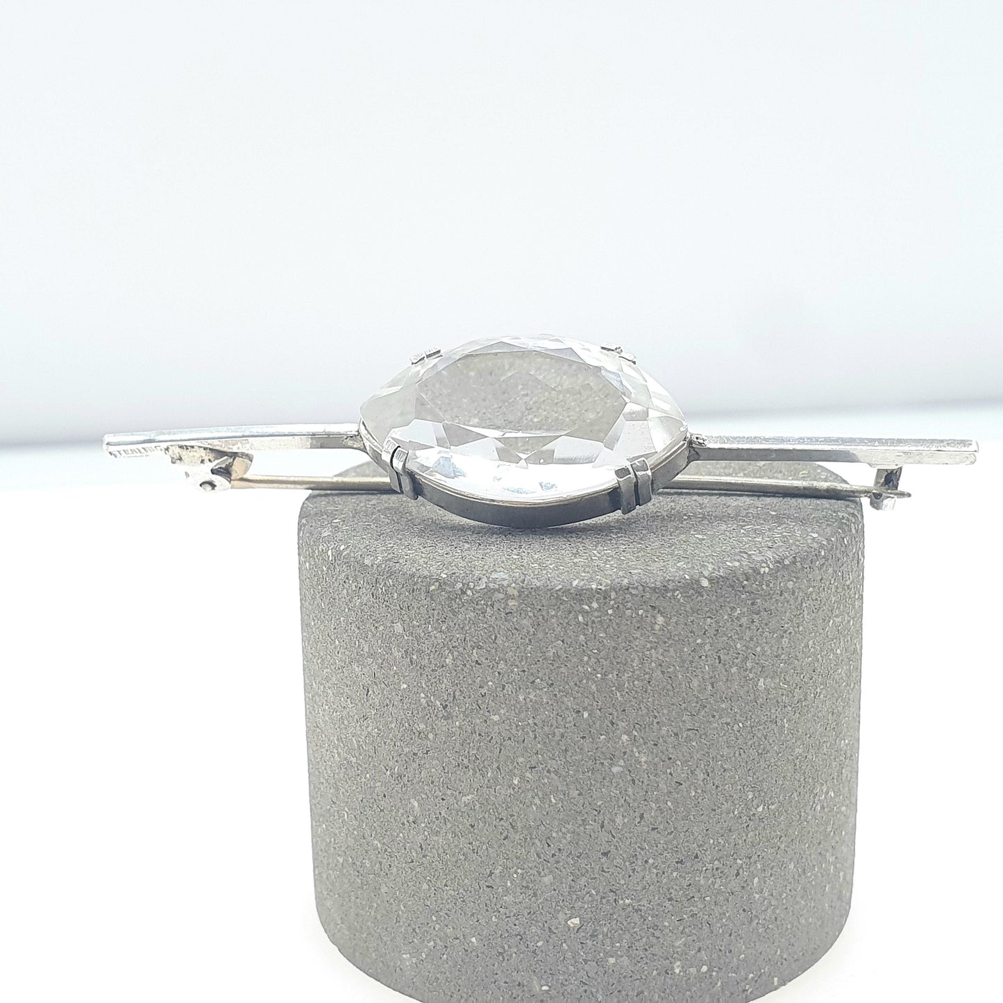 Antique Solid Silver Rock Crystal Brooch Marquise Cut White Quartz Bar Pin Clear Womens Unisex Jewelry Jewellery