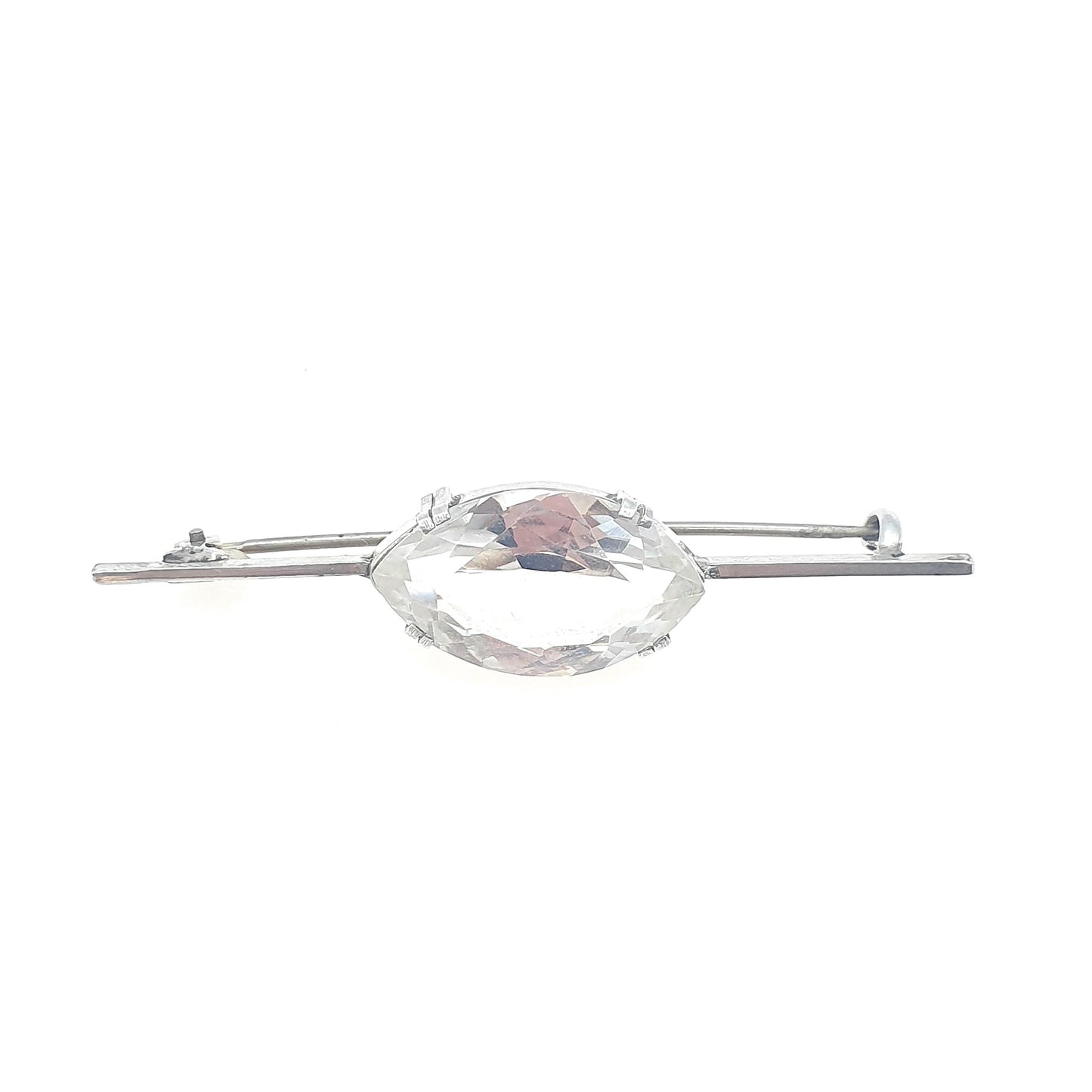 Antique Solid Silver Rock Crystal Brooch Marquise Cut White Quartz Bar Pin Clear Womens Unisex Jewelry Jewellery