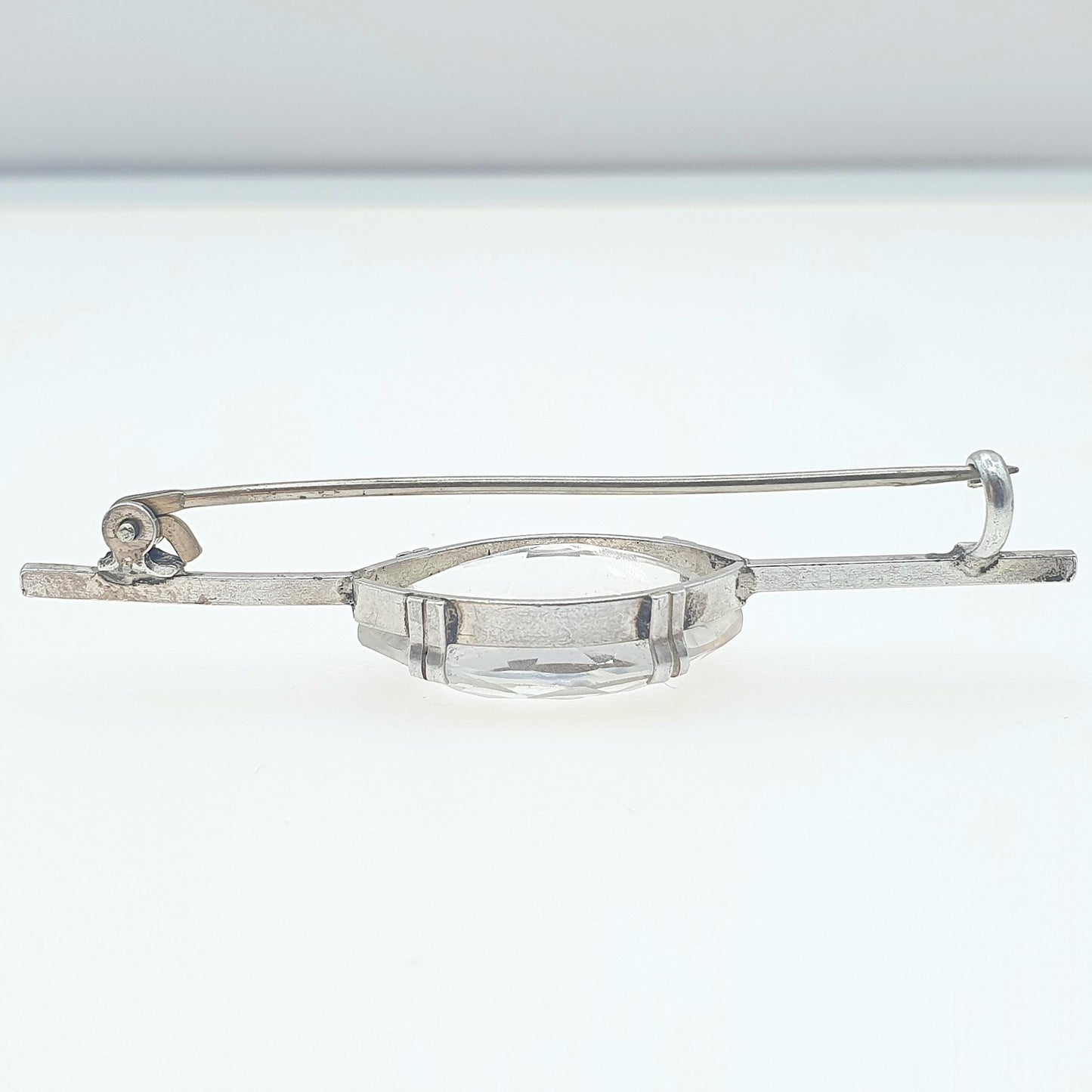 Antique Solid Silver Rock Crystal Brooch Marquise Cut White Quartz Bar Pin Clear Womens Unisex Jewelry Jewellery