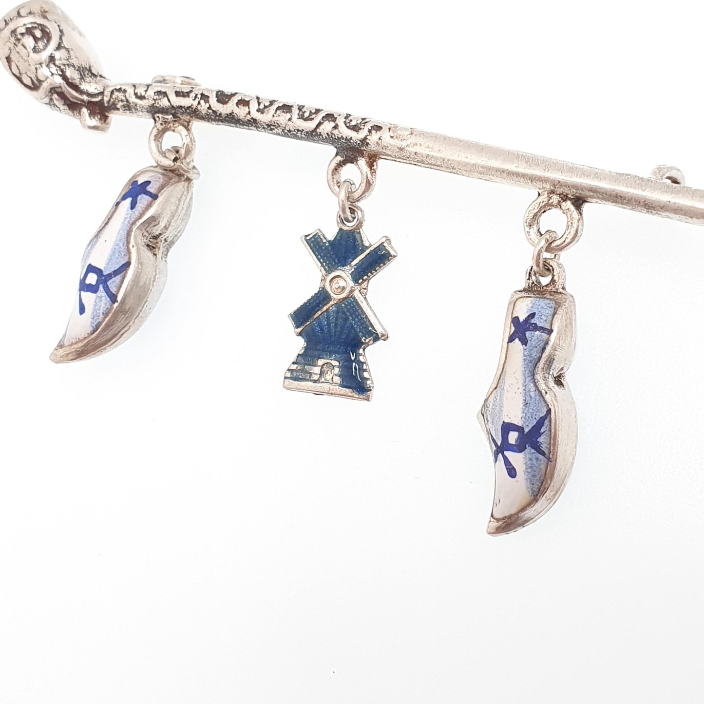 Antique Dutch Solid Silver Pipe Clog Windmill Brooch Pin Dutch China Enamel Vintage Charms Jewelry Jewellery