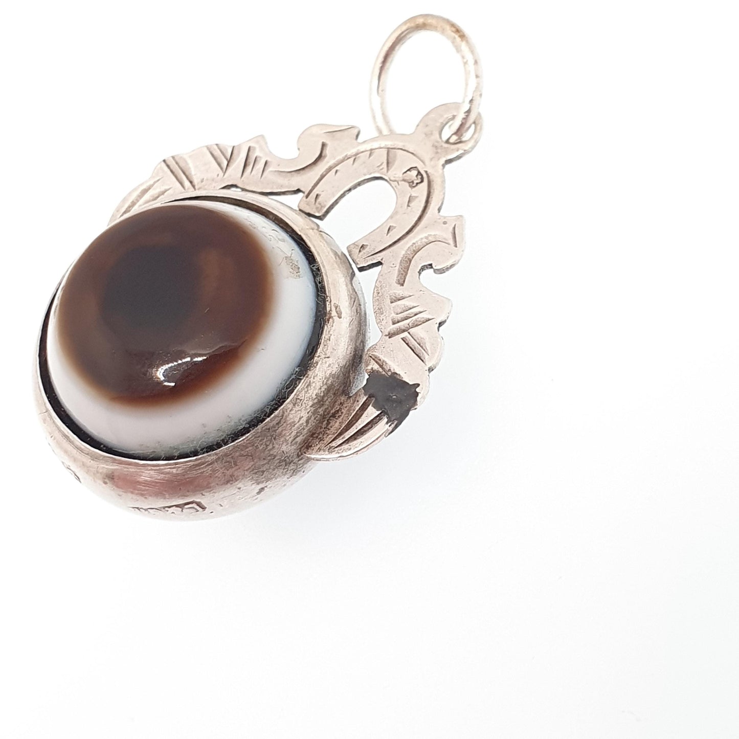 Antique Bullseye Agate Sterling Silver Pendant Necklace Fob Carnelian Womens Jewellery Jewelry Quartz Gemstone