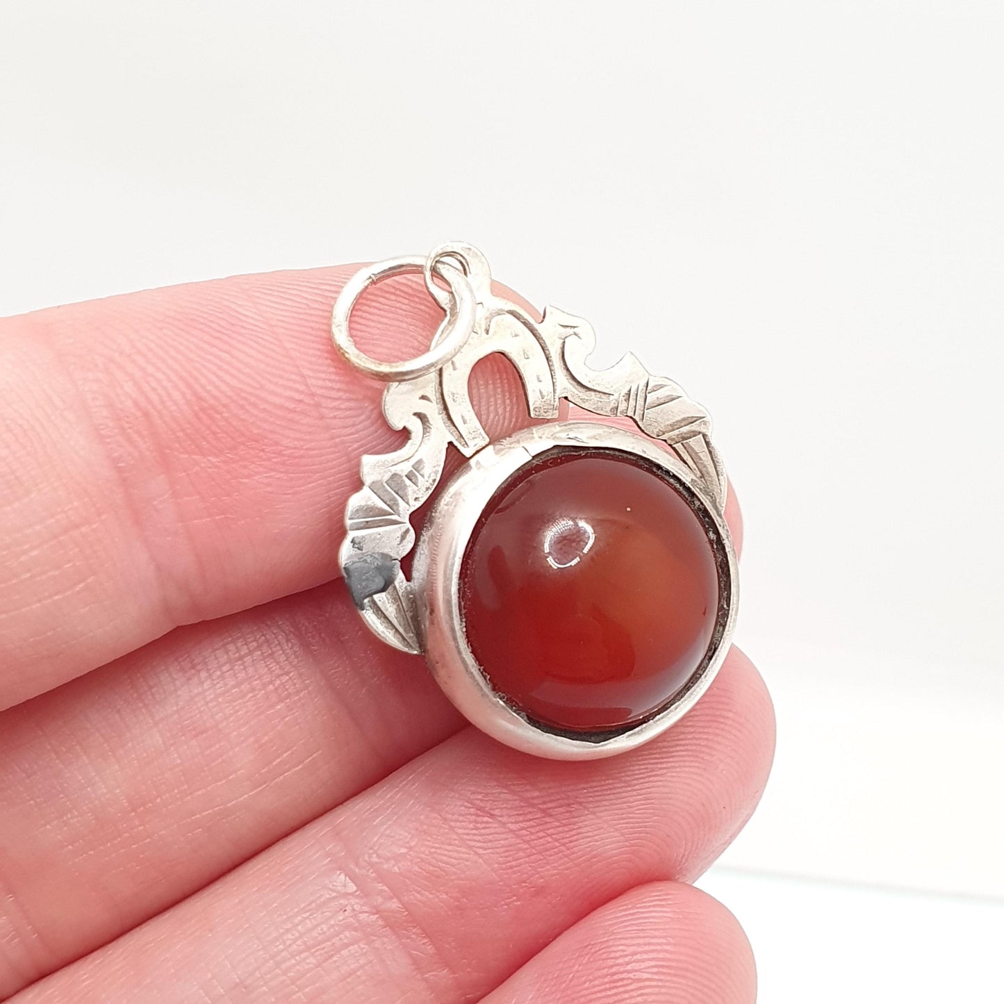 Antique Bullseye Agate Sterling Silver Pendant Necklace Fob Carnelian Womens Jewellery Jewelry Quartz Gemstone