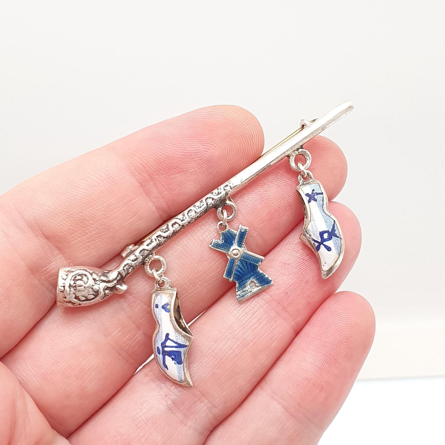 Antique Dutch Solid Silver Pipe Clog Windmill Brooch Pin Dutch China Enamel Vintage Charms Jewelry Jewellery
