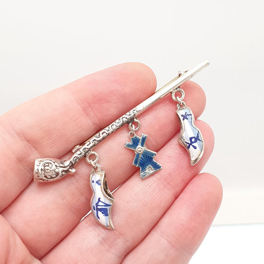 Antique Dutch Solid Silver Pipe Clog Windmill Brooch Pin Dutch China Enamel Vintage Charms Jewelry Jewellery