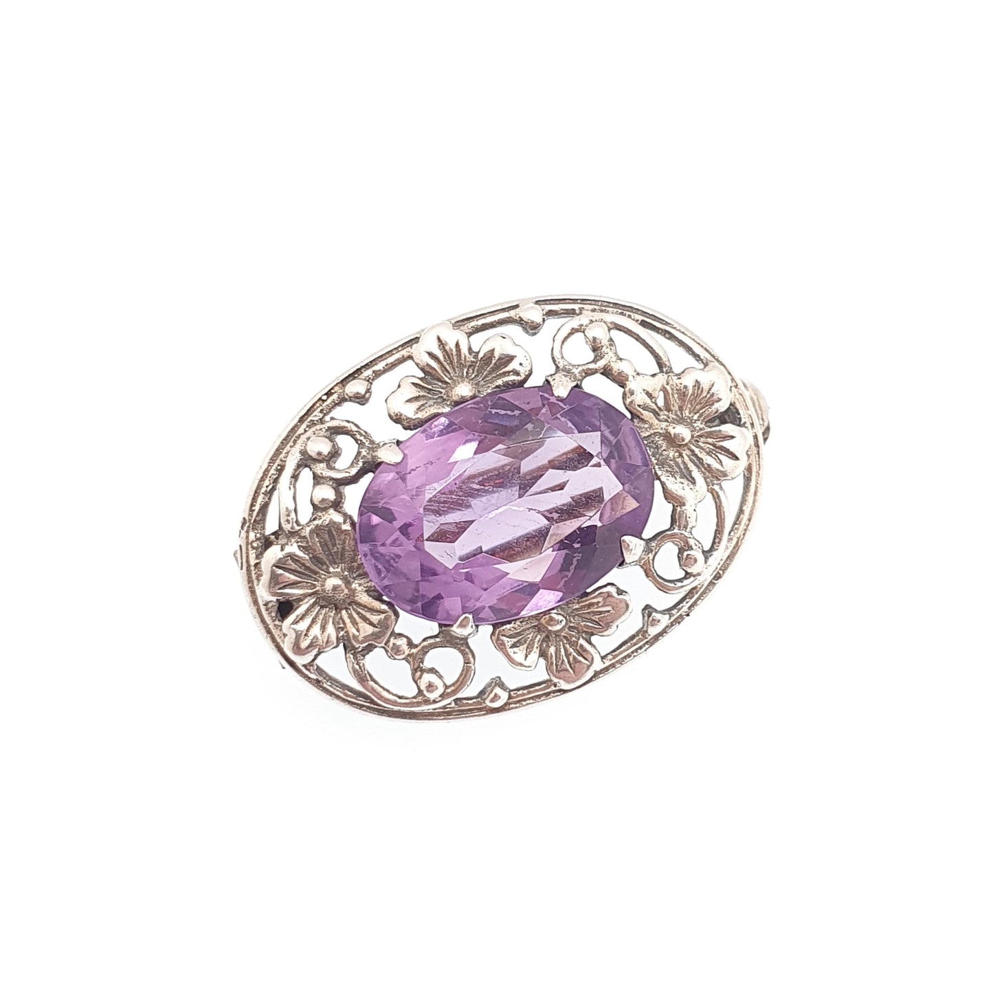 Old Vintage Bernard Instone Sterling Silver Amethyst Brooch Pin Art Deco Genuine Oval Flower Pattern 1930s Womens Jewelry Jewellery