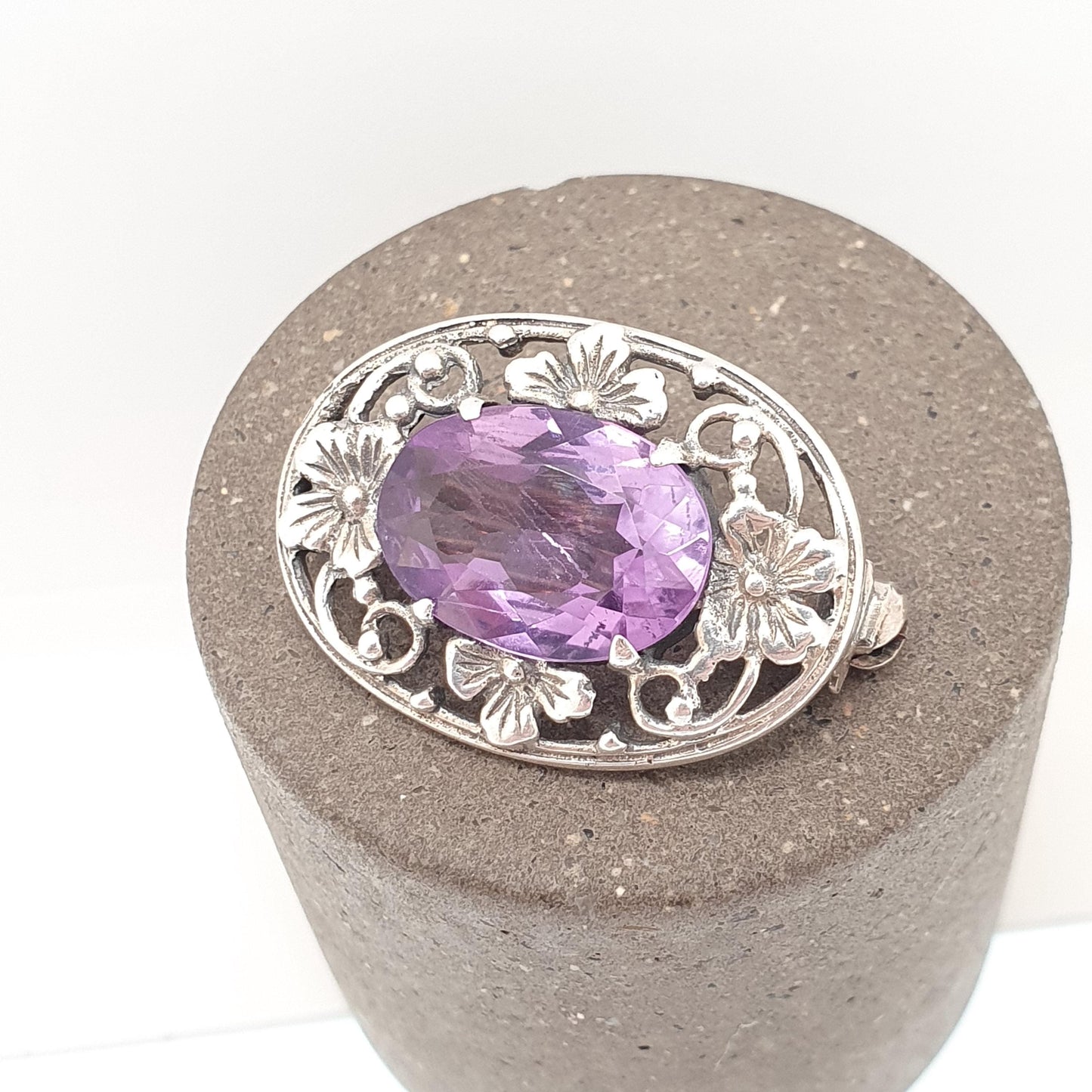 Old Vintage Bernard Instone Sterling Silver Amethyst Brooch Pin Art Deco Genuine Oval Flower Pattern 1930s Womens Jewelry Jewellery