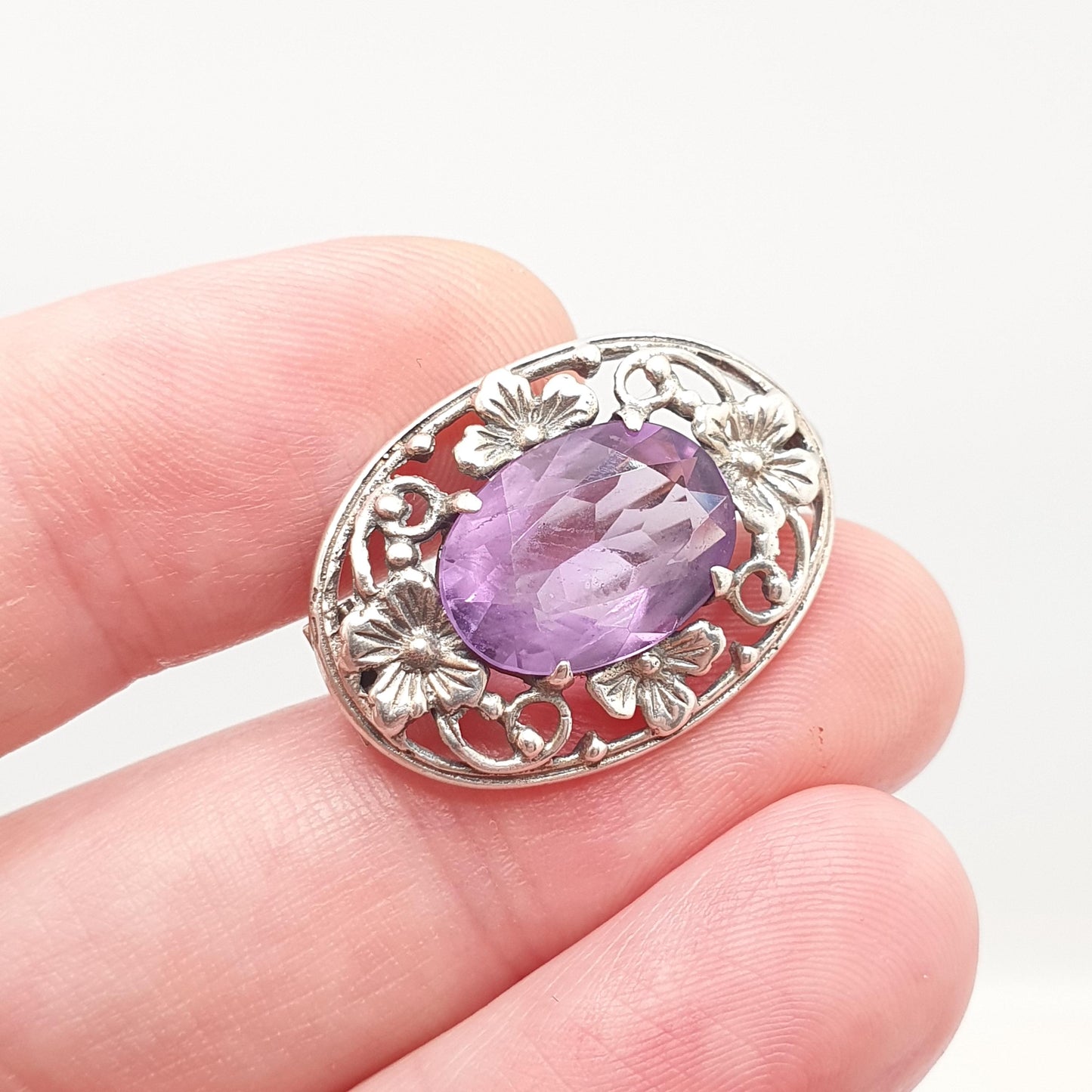 Old Vintage Bernard Instone Sterling Silver Amethyst Brooch Pin Art Deco Genuine Oval Flower Pattern 1930s Womens Jewelry Jewellery