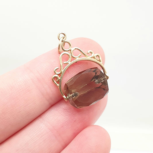 Vintage 9ct 9k Gold Smoky Quartz Spinner Fob Pendant Necklace Gemstone Albert Style Genuine Solid 375 Vintage Jewellery Jewelry