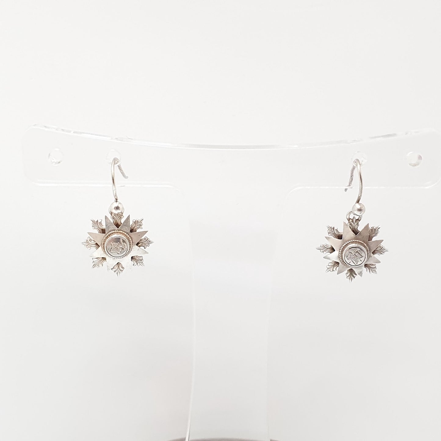 Antique Victorian Solid Silver Star Earrings Engraved Hook Starburst Sunburst Etruscan Genuine 1800s Vintage Jewelry Jewellery