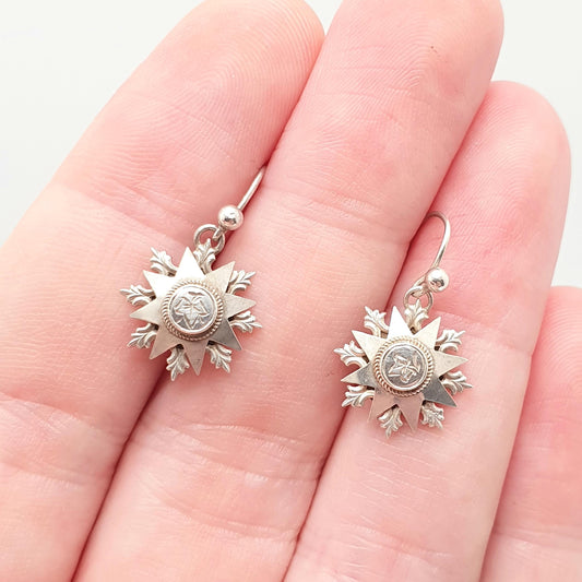 Antique Victorian Solid Silver Star Earrings Engraved Hook Starburst Sunburst Etruscan Genuine 1800s Vintage Jewelry Jewellery