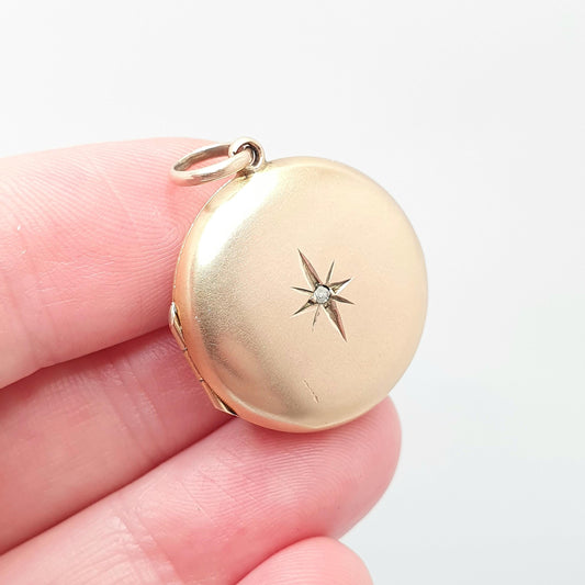Antique 9ct 9k Gold Diamond Locket Pendant Solid 375 Back & Front Star Centre Necklace Jewelry Jewellery